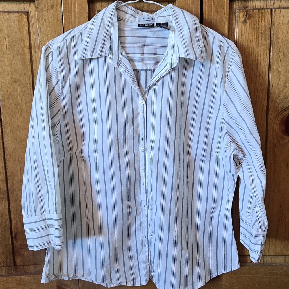 Woman's White W Black/Moroon Striped Tangents Stretch Button Down Shirt Top-L